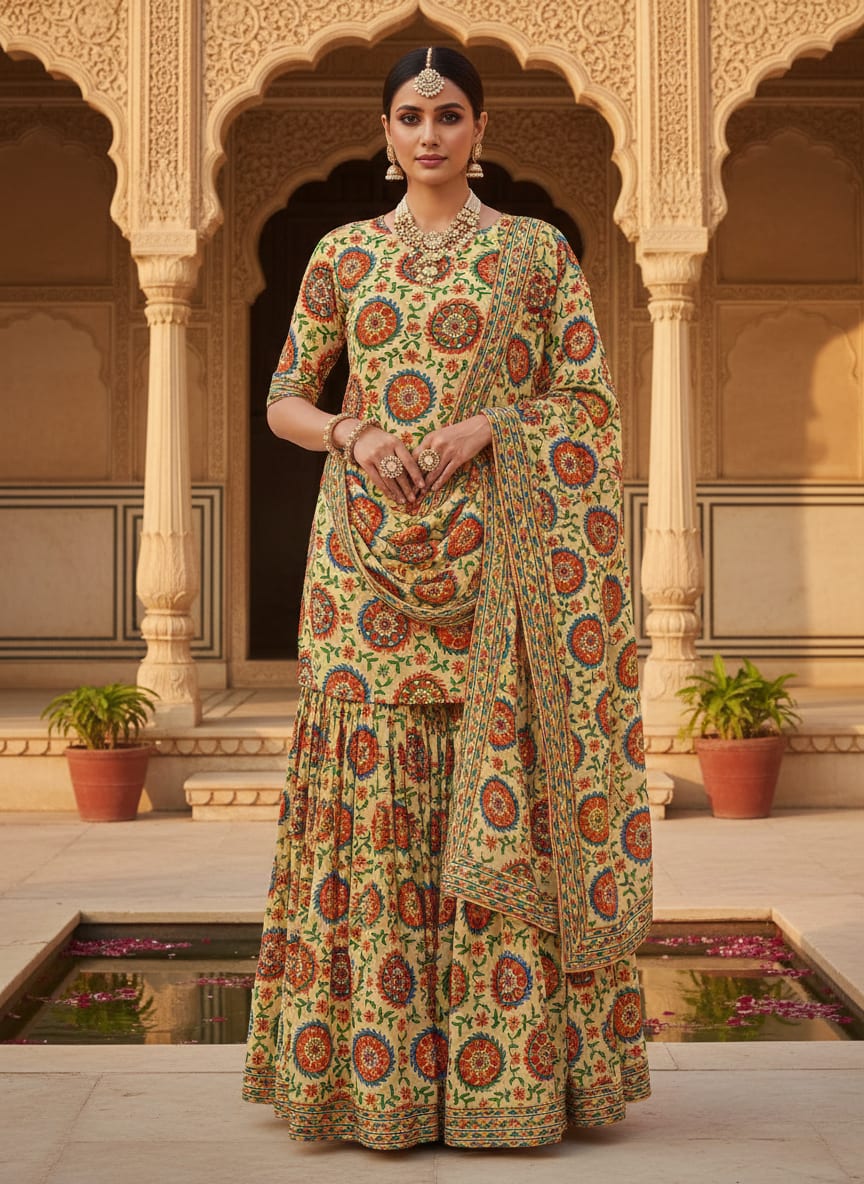 Watercolour Paint Suzani Pattern Digital Printed Fabric - Pure Georgette