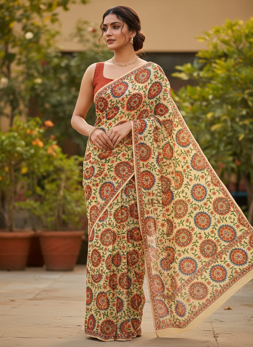 Watercolour Paint Suzani Pattern Digital Printed Fabric - Pure Georgette