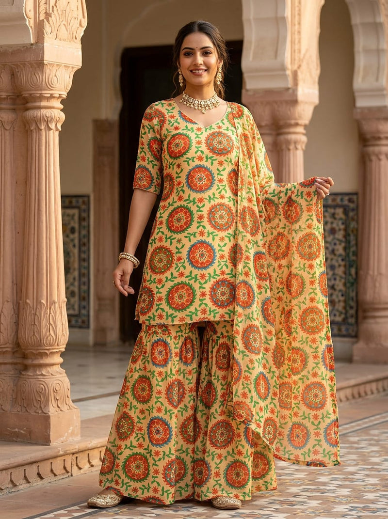 Multicolor Ethnic Medallion and Paisley Print Pure Georgette Digital Printed Fabric