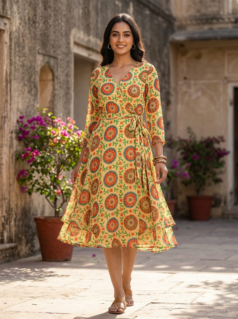 Multicolor Ethnic Medallion and Paisley Print Pure Georgette Digital Printed Fabric