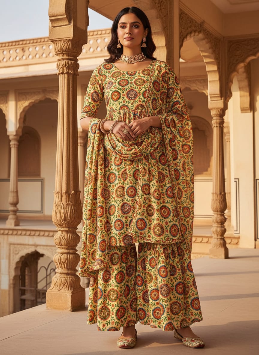 Multicolor Ethnic Mandala and Vine Print Pure Chinon Digital Printed Fabric