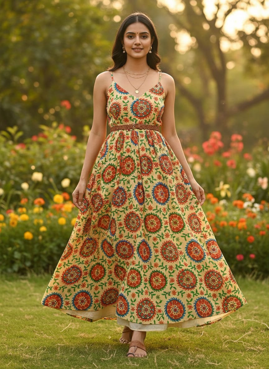 Multicolor Ethnic Mandala and Vine Print Pure Chinon Digital Printed Fabric
