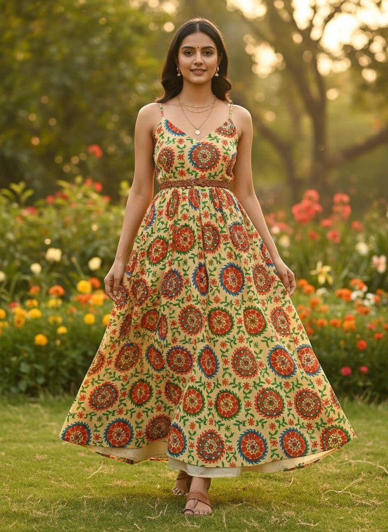 Multicolor Ethnic Mandala and Vine Print Pure Chinon Digital Printed Fabric