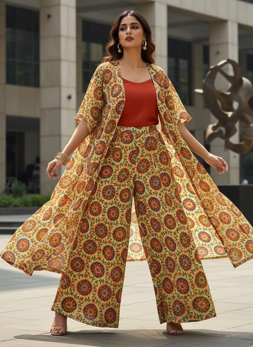 Multicolor Ethnic Mandala and Vine Print Pure Chinon Digital Printed Fabric