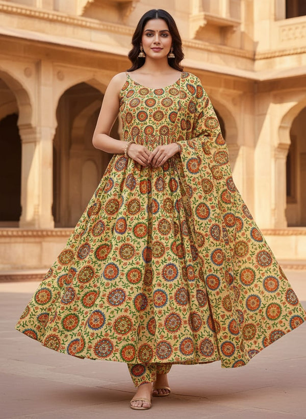 Watercolour Paint Suzani Pattern Digital Printed Fabric - Pure Chinon - Anarkali Kurta Set Lookbook - PC-0-TA0171-106 - alternate view