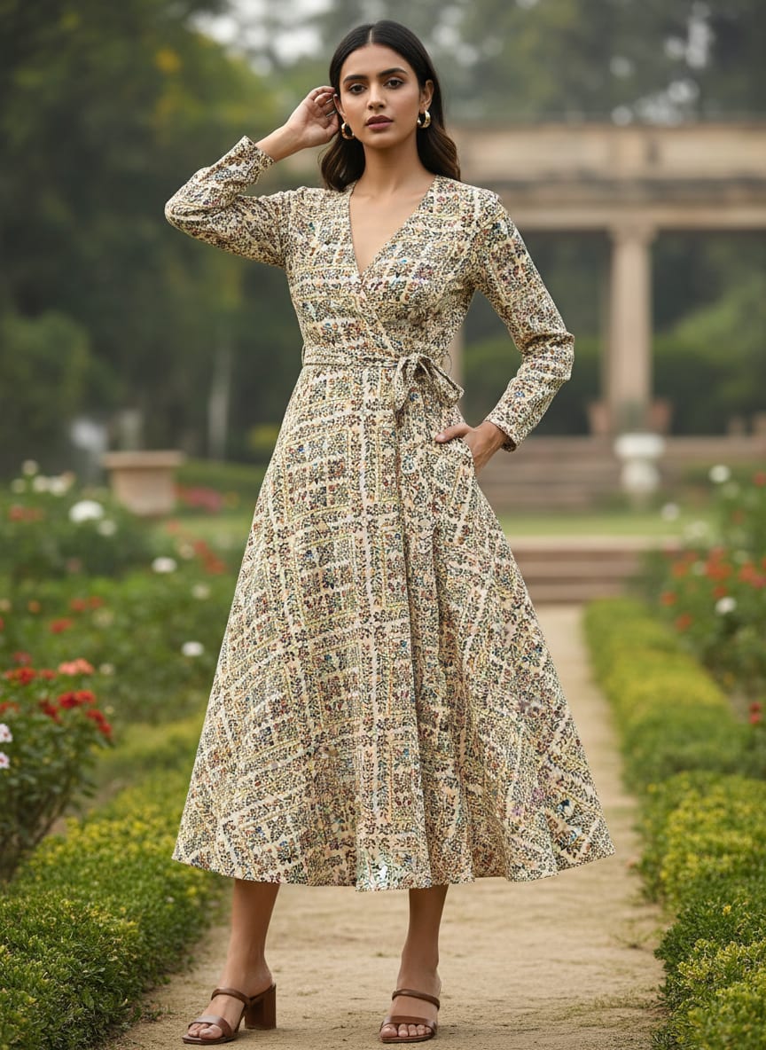 Cream Ethnic Floral Grid Pattern Weightless Digital Printed Fabric