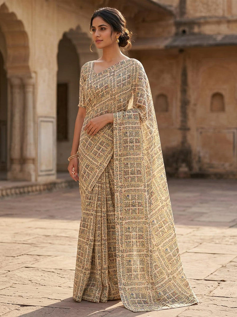 Cream Ethnic Floral Grid Pattern Weightless Digital Printed Fabric