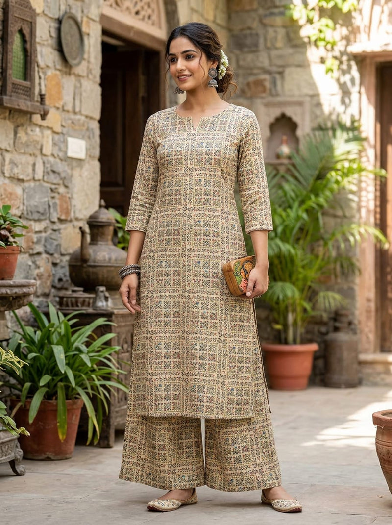 Cream Ethnic Ditsy Floral Jaal Pure Cotton Digital Printed Fabric