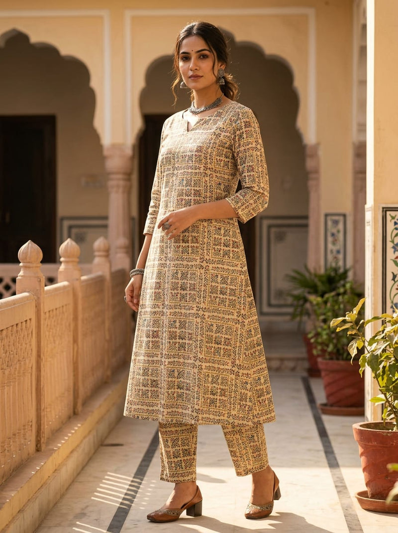 Cream Ethnic Ditsy Floral Jaal Pure Cotton Digital Printed Fabric