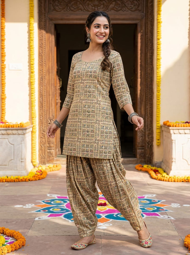 Cream Ethnic Ditsy Floral Jaal Pure Cotton Digital Printed Fabric