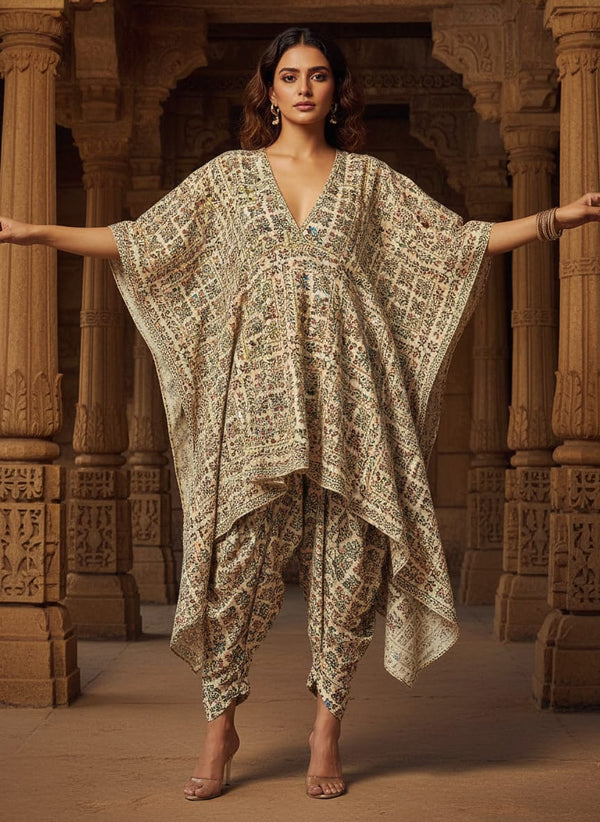Tiny Rainbow Flowers Of Leaves Digital Printed Fabric - Cotton - Asymmetric Tunic with Dhoti Pants Lookbook - PCO-0-TA0173-108 - alternate view