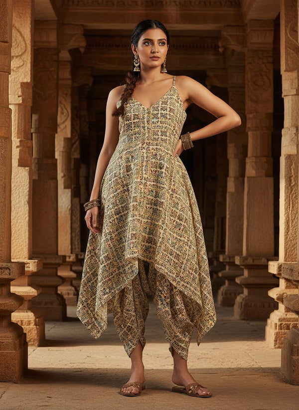 Cream Ethnic Floral Tile Print Pure Muslin Digital Printed Fabric - Asymmetric Tunic with Dhoti Pants Lookbook - PM-0-TA0173-151 - alternate view