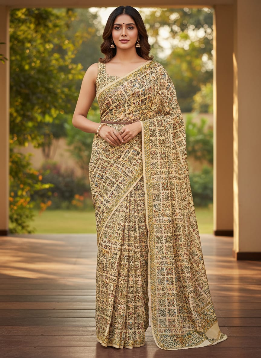 Cream Ethnic Floral Tile Print Upada Silk Digital Printed Fabric