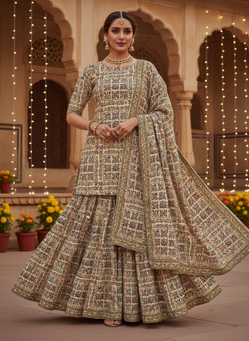 Cream Ethnic Floral Tile Print Upada Silk Digital Printed Fabric