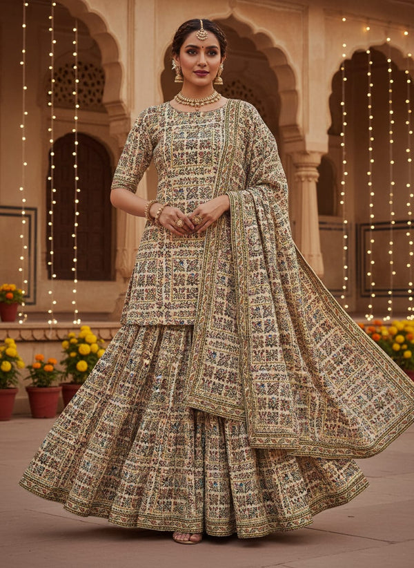 Cream Ethnic Floral Tile Print Upada Silk Digital Printed Fabric - Sharara Set Lookbook - US-0-TA0173-110 - alternate view