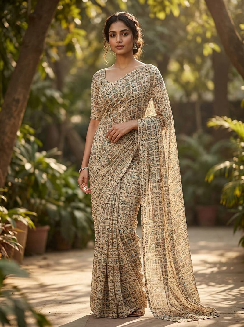 Cream Ethnic Ditsy Floral Jaal Pure Georgette Digital Printed Fabric
