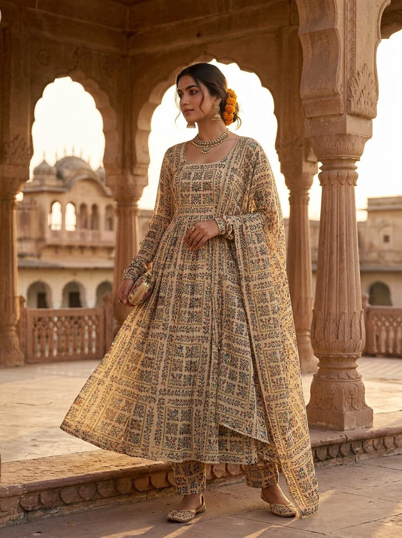 Cream Ethnic Ditsy Floral Jaal Pure Georgette Digital Printed Fabric