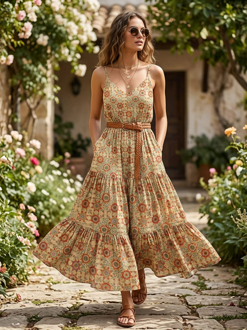 Cream Ethnic Tiled Medallion Print Weightless Digital Printed Fabric