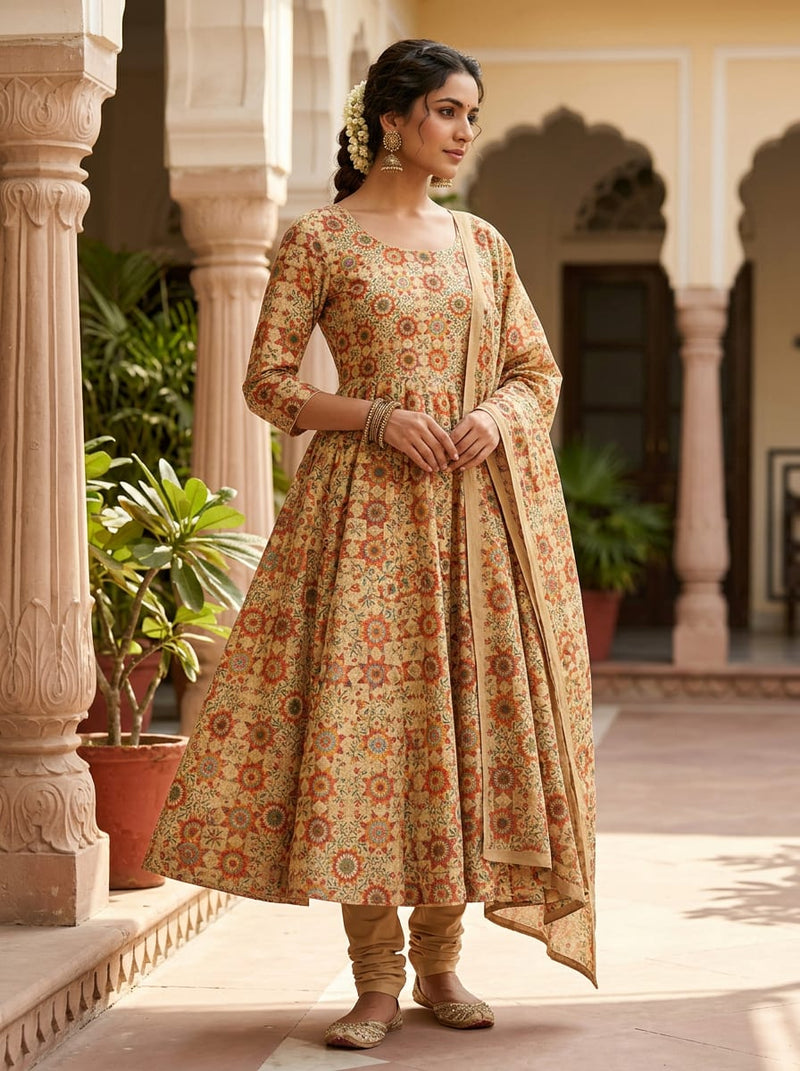 Cream Ethnic Tiled Medallion Print Weightless Digital Printed Fabric