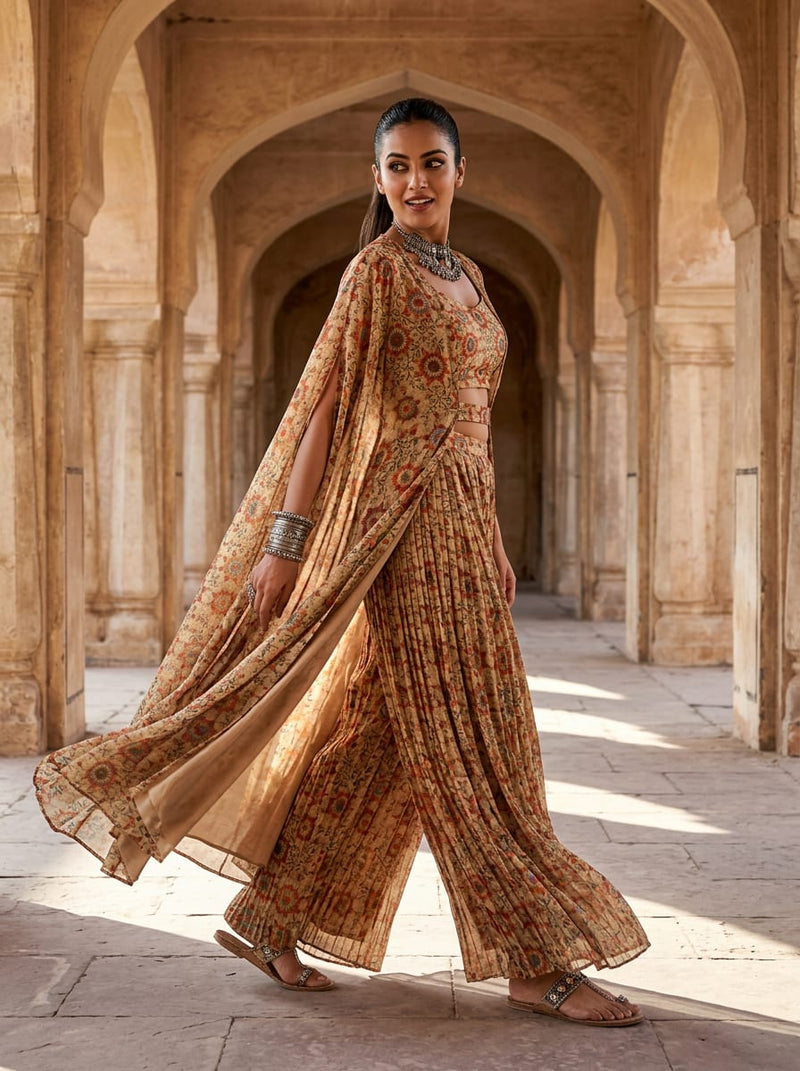 Cream Ethnic Tiled Medallion Print Weightless Digital Printed Fabric