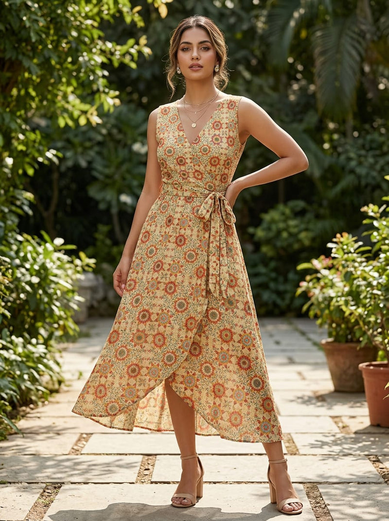 Cream Ethnic Tiled Medallion Print Weightless Digital Printed Fabric