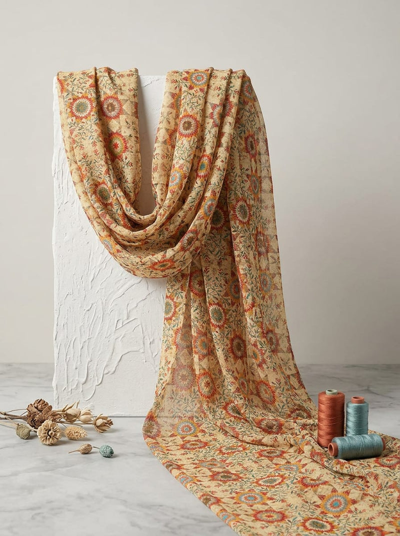 Cream Ethnic Tiled Medallion Print Weightless Digital Printed Fabric