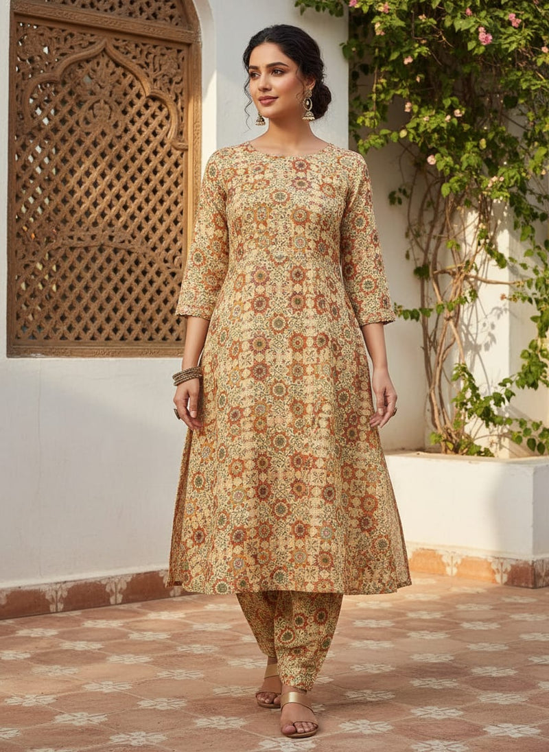 Vintage And Inspire Suzani With Leaves Digital Printed Fabric - Pure Muslin