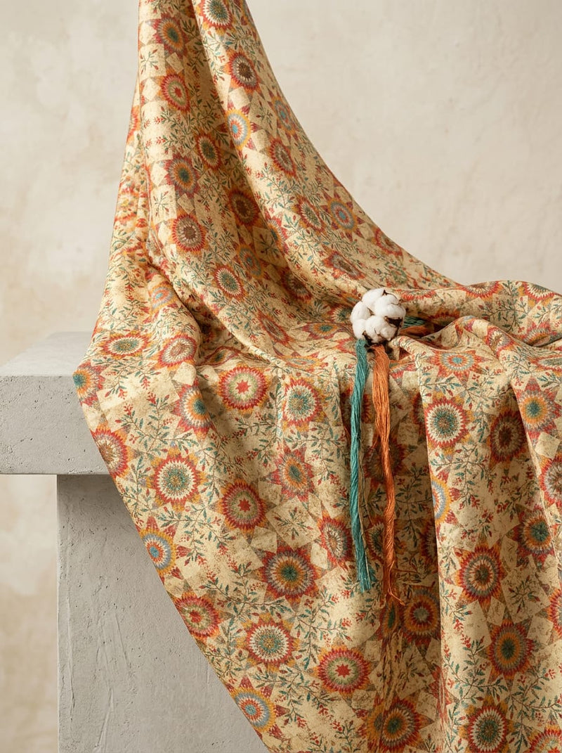 Multicolor Ethnic Geometric Star Pattern Upada Silk Digital Printed Fabric
