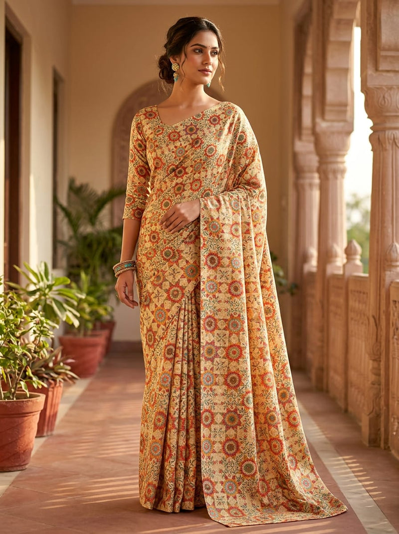 Multicolor Ethnic Geometric Star Pattern Upada Silk Digital Printed Fabric