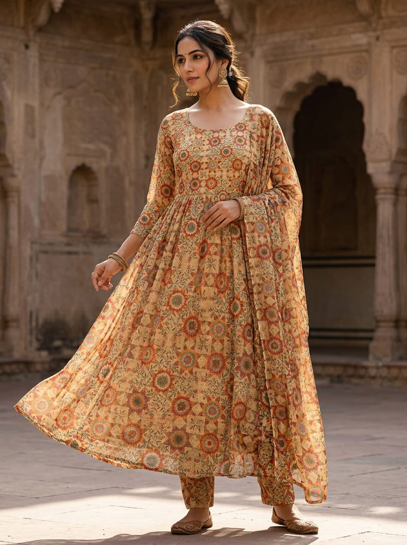 Multicolor Ethnic Geometric Mandala Pure Georgette Digital Printed Fabric