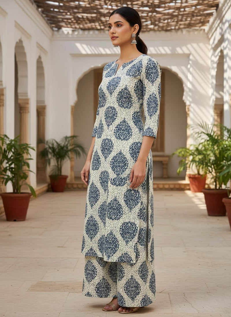 Aspen Blue Leaves Creamy Stone Digital Printed Fabric - Cotton