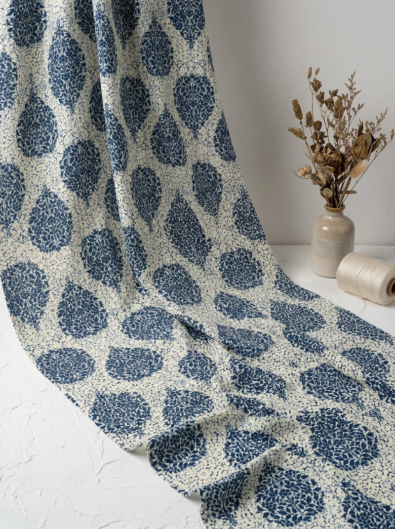 Navy Ethnic Botanical Damask Pure Cotton Digital Printed Fabric