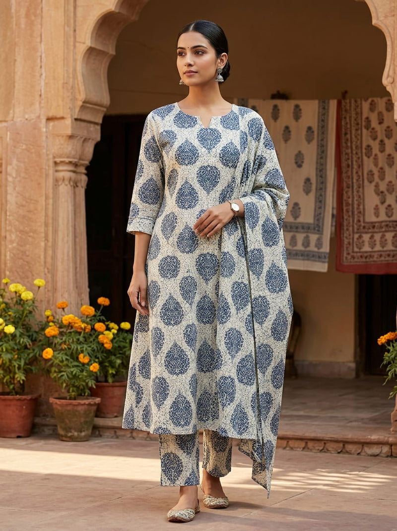 Navy Ethnic Botanical Damask Pure Cotton Digital Printed Fabric