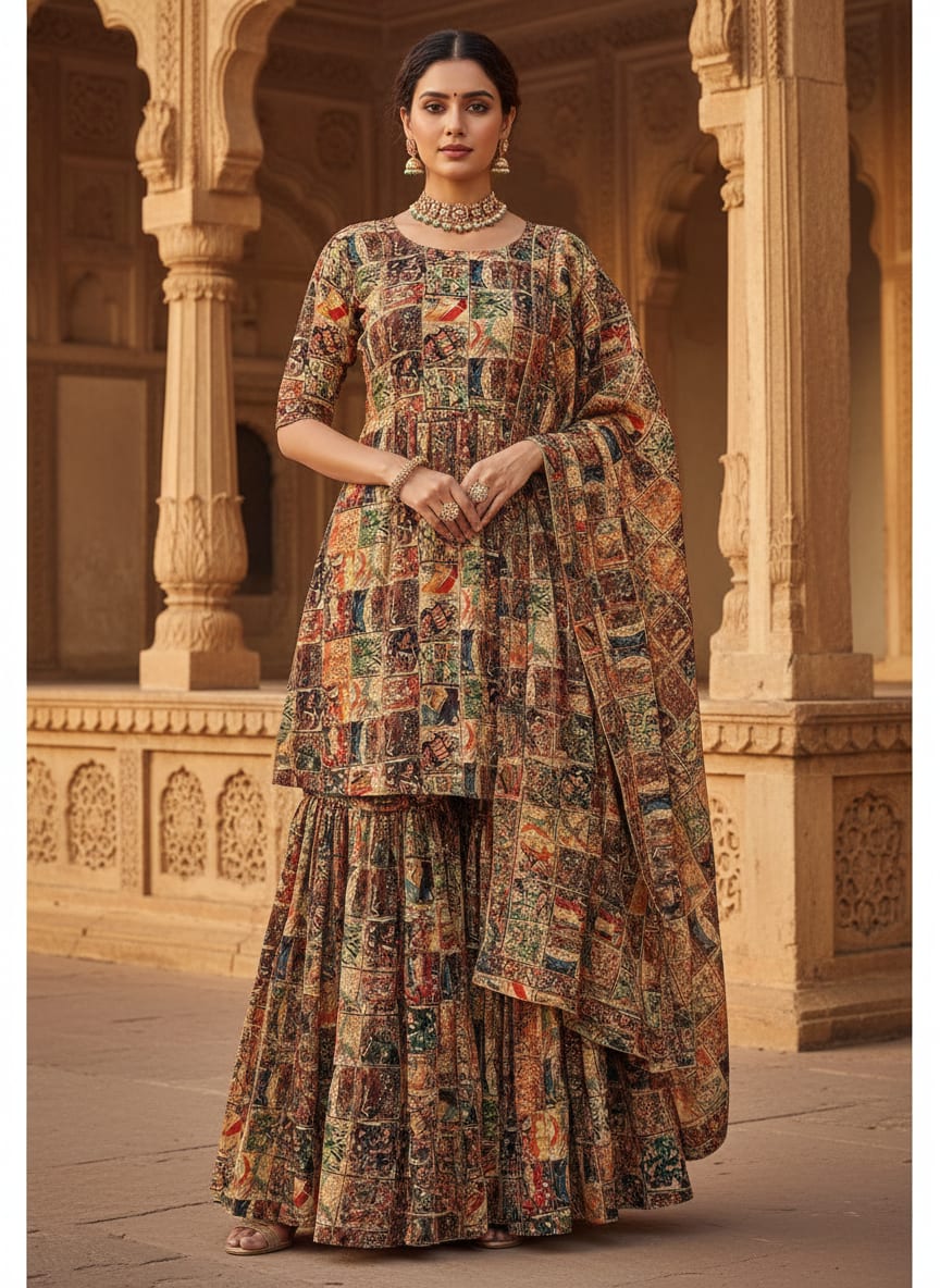 Square Hand paint Blocks Multicolour Digital Printed Fabric - Upada Silk