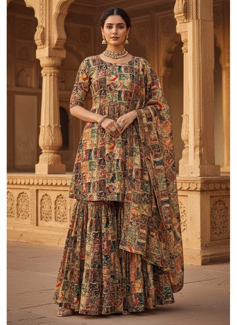 Square Hand paint Blocks Multicolour Digital Printed Fabric - Upada Silk
