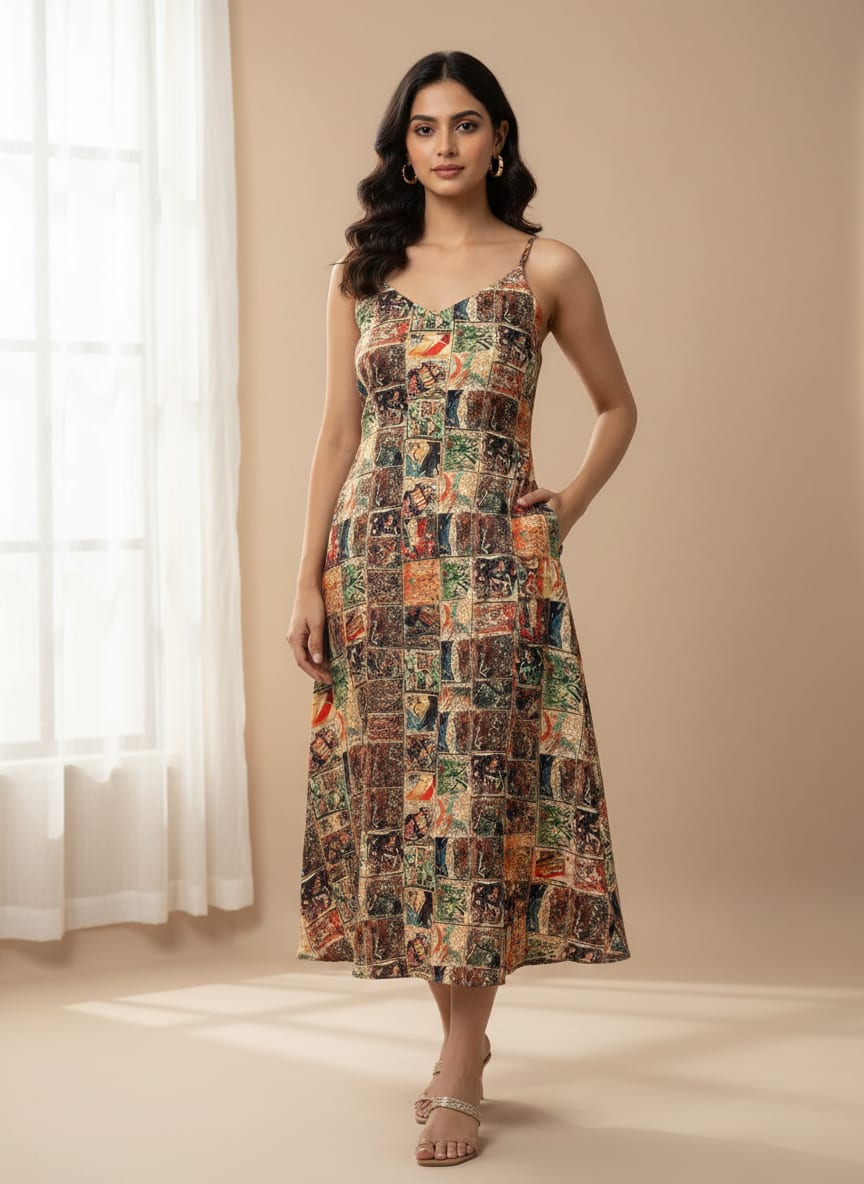 Multicolor Abstract Painterly Squares Upada Silk Digital Printed Fabric