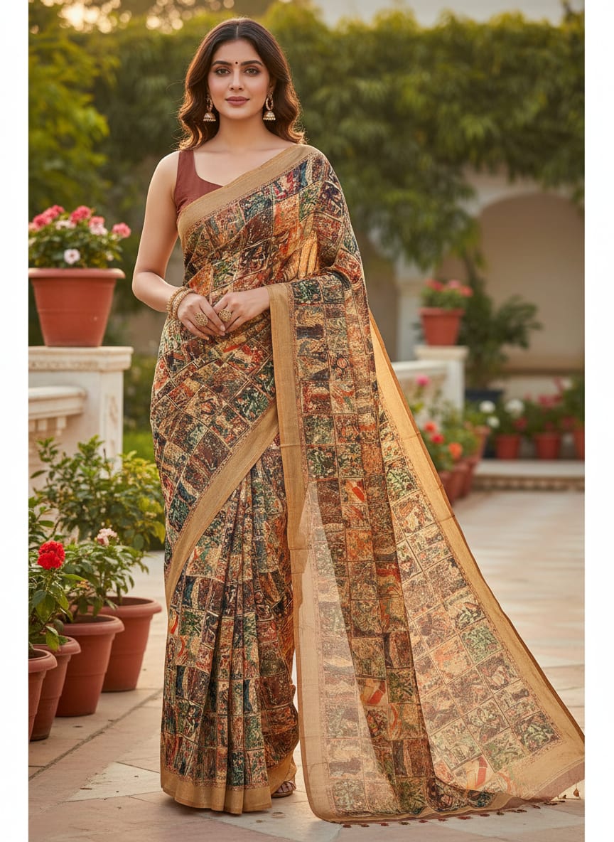 Multicolor Abstract Painterly Squares Upada Silk Digital Printed Fabric