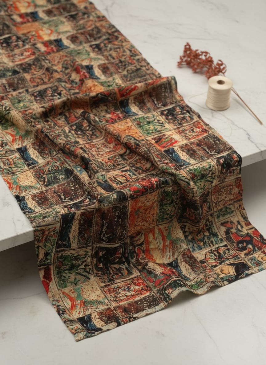 Multicolor Abstract Painterly Squares Upada Silk Digital Printed Fabric