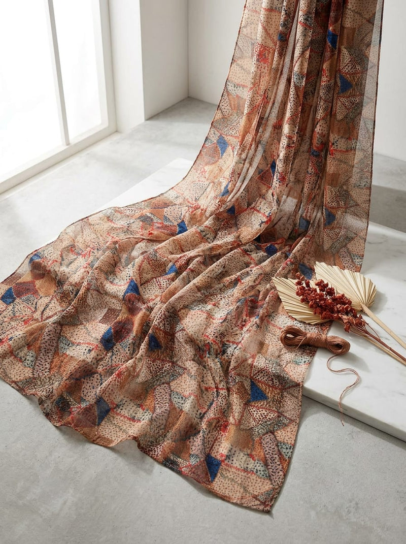 Brown Abstract Patchwork Stitch Print Pure Georgette Digital Printed Fabric