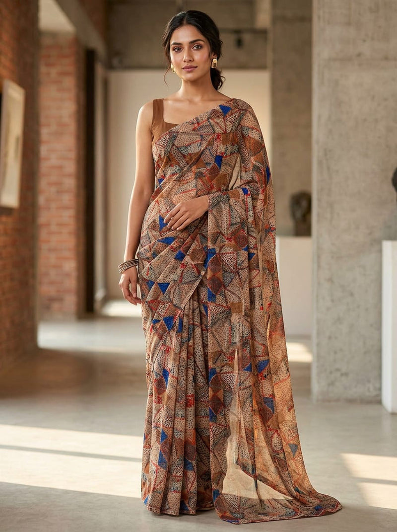 Brown Abstract Patchwork Stitch Print Pure Georgette Digital Printed Fabric