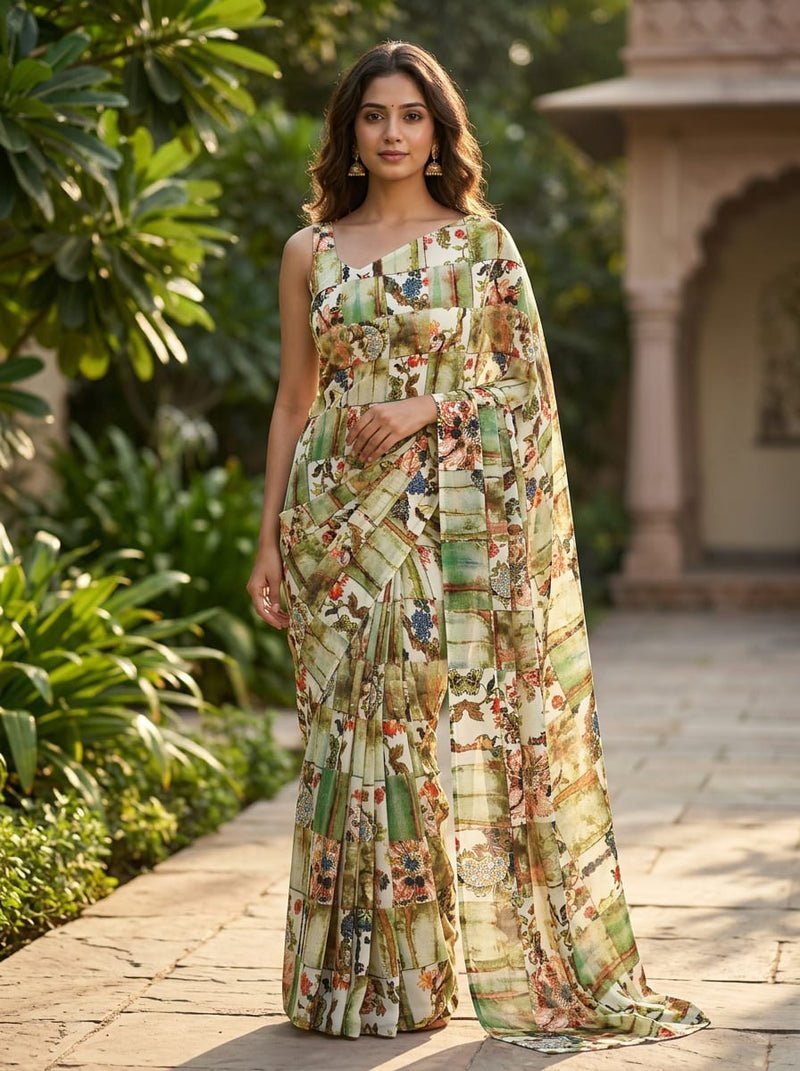 Multicolor Abstract Floral Collage Pure Georgette Digital Printed Fabric