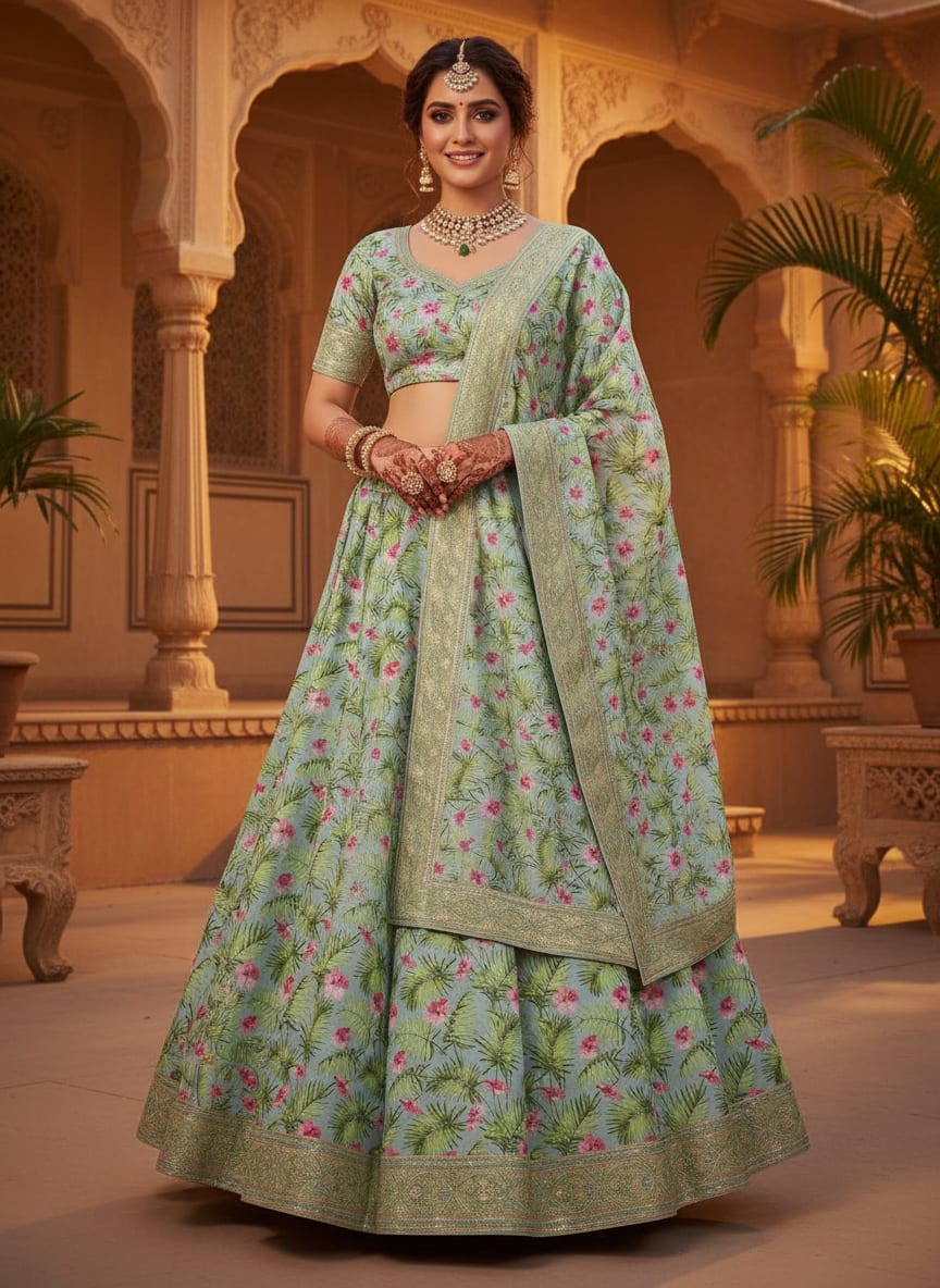 Multicolor Tropical Hibiscus and Palm Leaf Kora Silk Digital Printed Fabric
