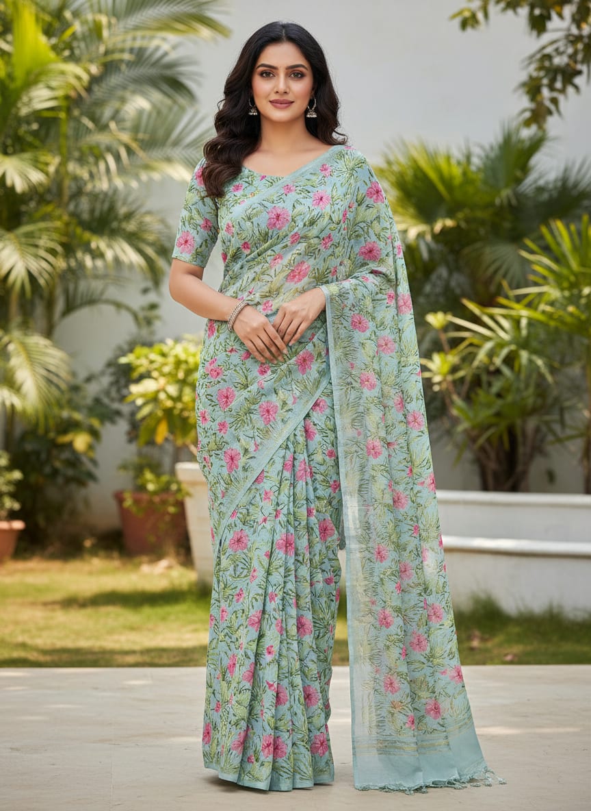 Multicolor Tropical Hibiscus and Palm Leaf Kora Silk Digital Printed Fabric