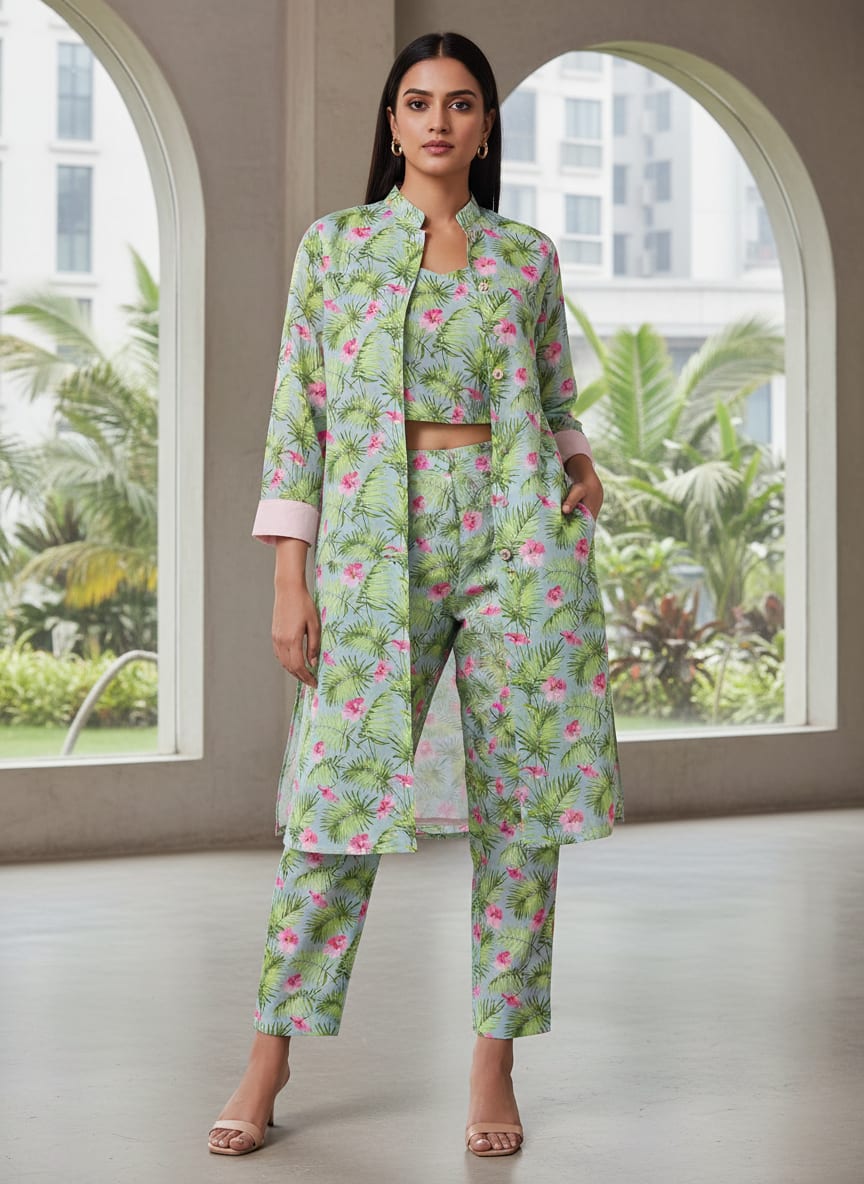 Multicolor Tropical Hibiscus and Palm Leaf Kora Silk Digital Printed Fabric