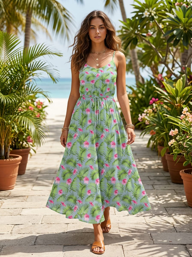 Multicolor Tropical Hibiscus and Palm Leaf Print Weightless Digital Printed Fabric