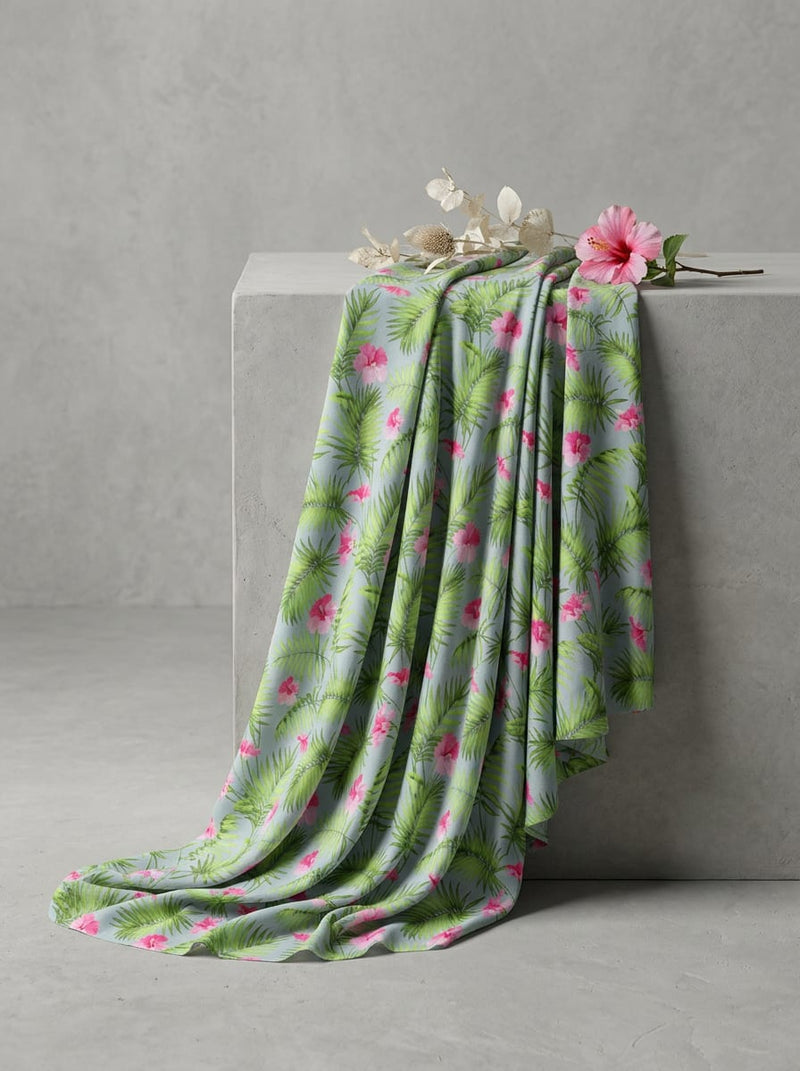 Multicolor Tropical Hibiscus and Palm Leaf Print Weightless Digital Printed Fabric
