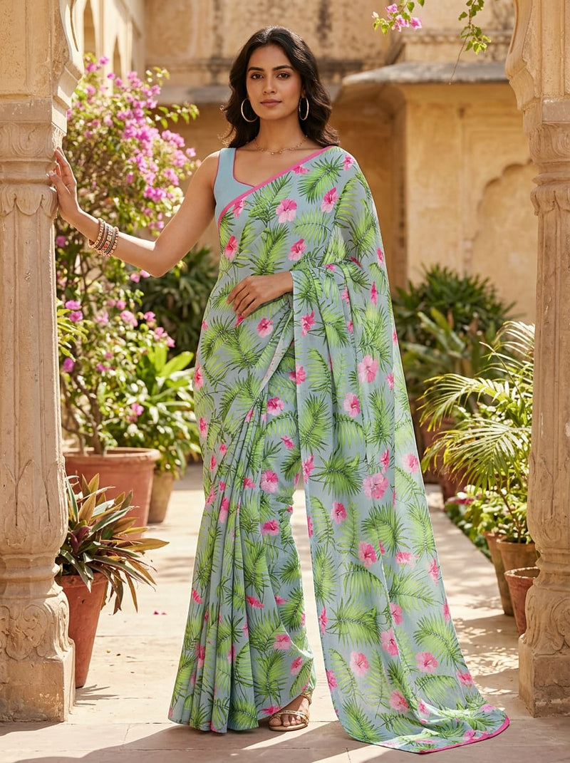 Multicolor Tropical Hibiscus and Palm Leaf Print Weightless Digital Printed Fabric