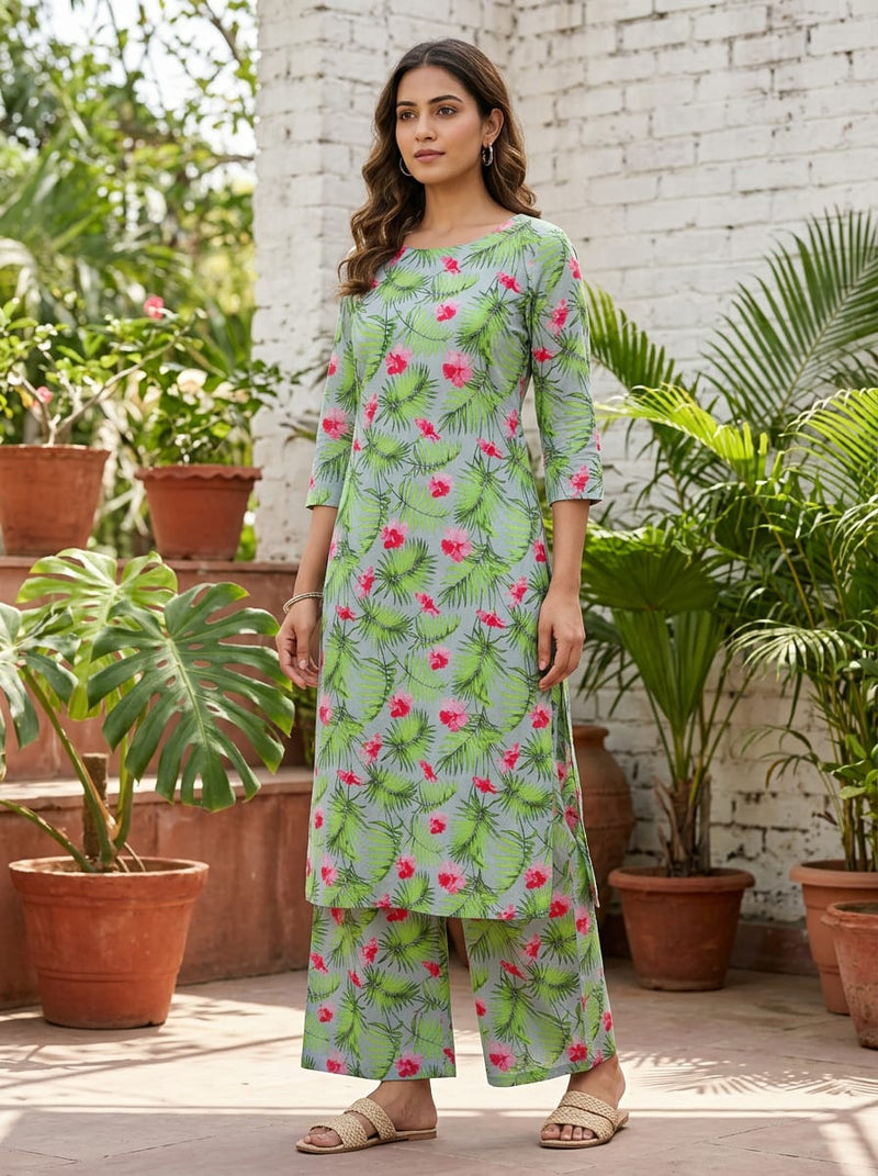 Multicolor Tropical Hibiscus and Palm Leaf Print Pure Cotton Digital Printed Fabric