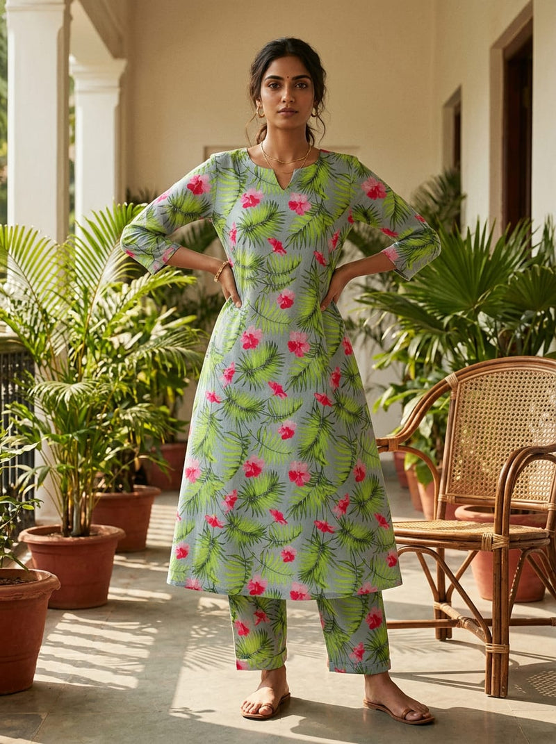Multicolor Tropical Hibiscus and Palm Leaf Print Pure Cotton Digital Printed Fabric