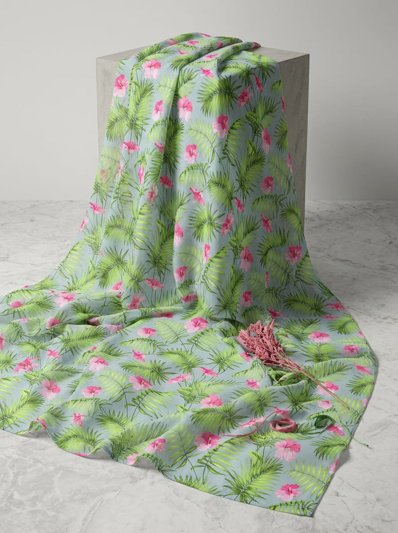 Multicolor Tropical Hibiscus and Palm Leaves Pure Muslin Digital Printed Fabric